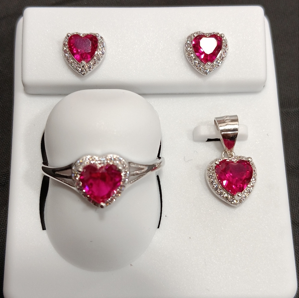 925 RUBY HEART CZ Ring, Earring , Charm Sterling Silver Set Ensamble